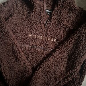 Missguided Chocolate Zip-Up Sherpa Sweater